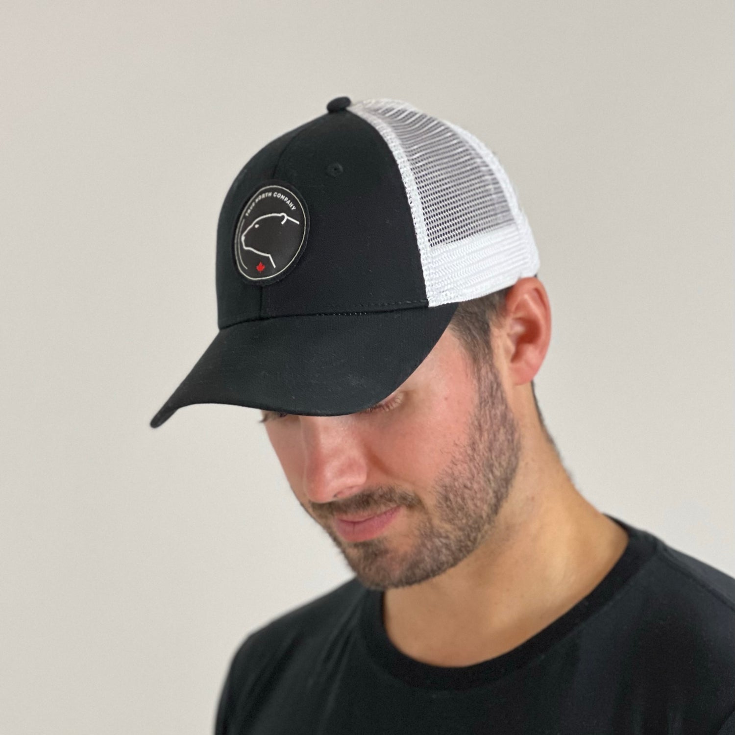 Black and White Trucker Hat with Polar Bear Patch